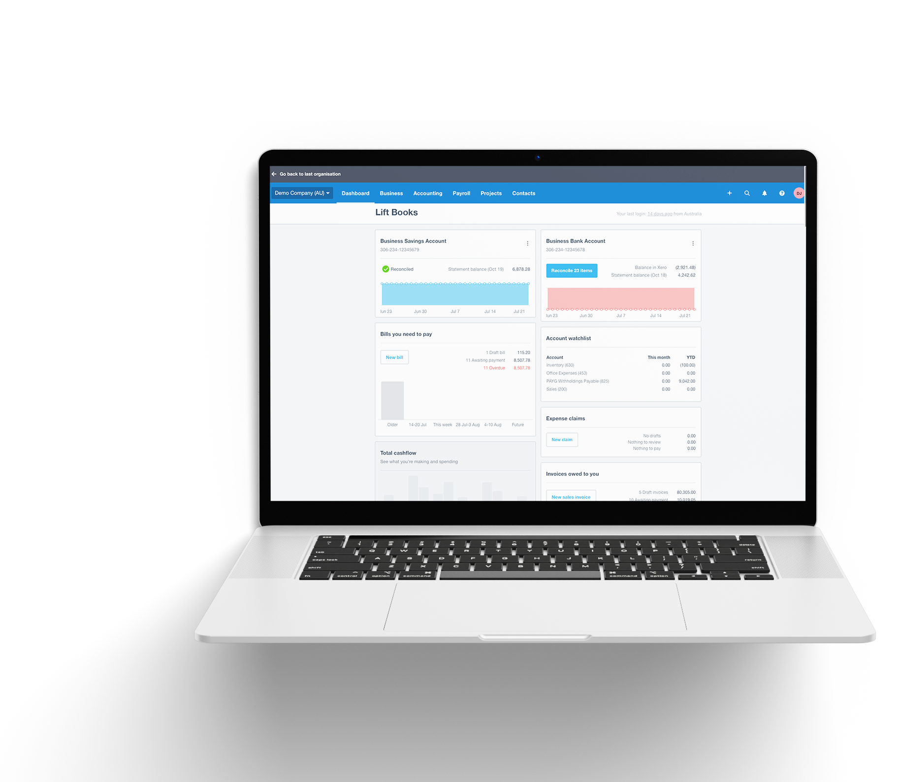 Laptop showing the Xero dashboard, the core platform of Lift Book's online bookkeeping services